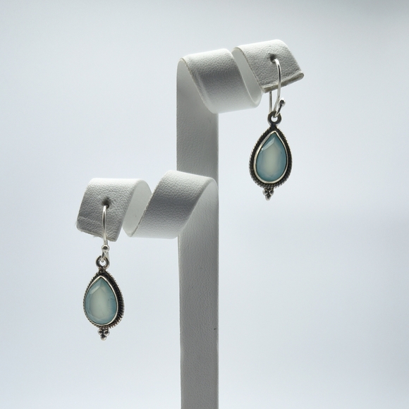 Vintage Sterling Silver Faceted Aqua Chalcedony Dangle Earrings - Picture 5 of 15